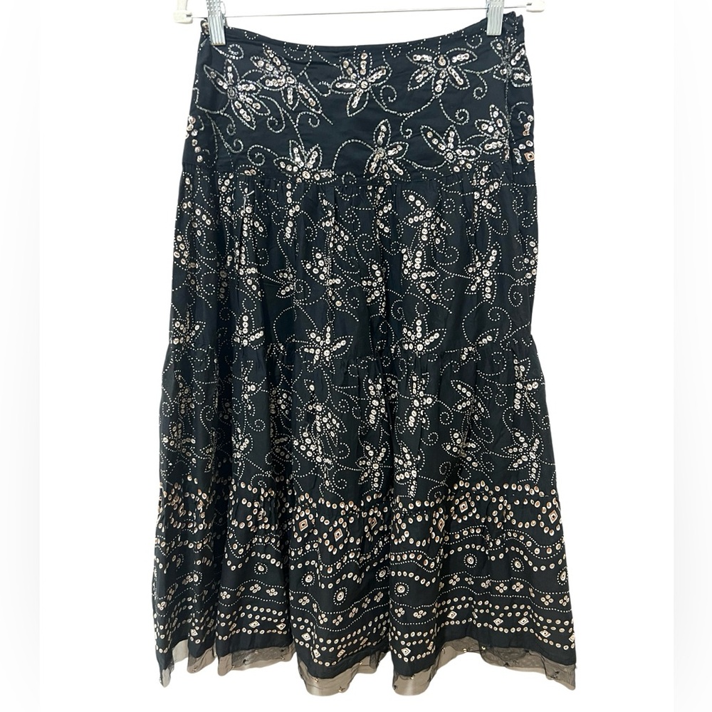Autograph Boho Black Midi Skirt Sequins Beading SZ 8 EUC